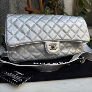 Chanel Silver Quilted Leather Airline Casual Rock Easy Flap Shoulder Bag